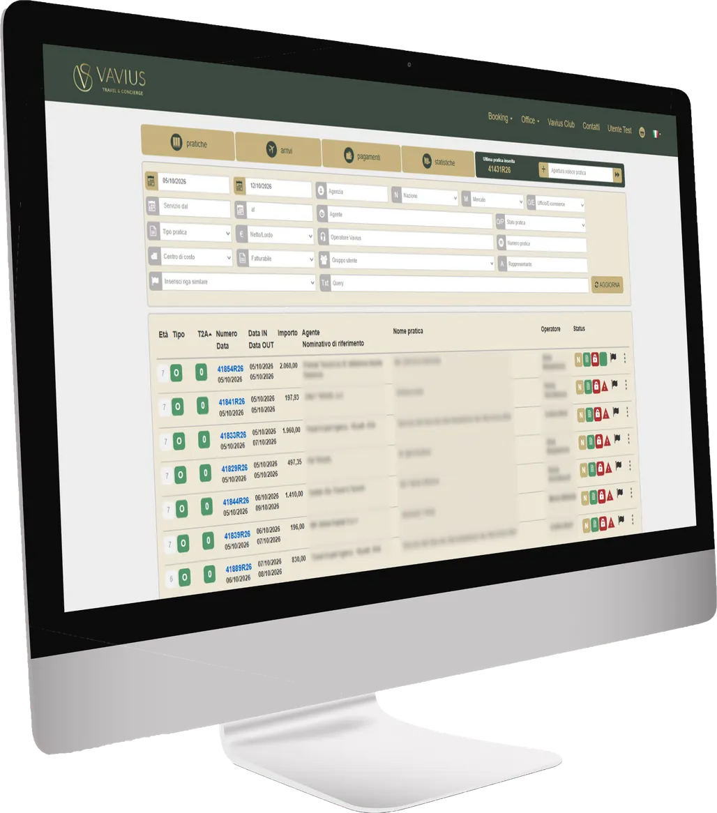 Il gestionale TourOperator B2B con l’elenco delle pratiche, su un monitor